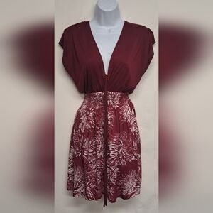 Adriana S/M Mulberry Colored Dress Criss Cross Plunge Neck Smocked Waist